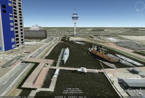 Alter Hafen Bremerhaven in GoogleEarth mit 3D-Gebäuden, Sicht auf Radarturm